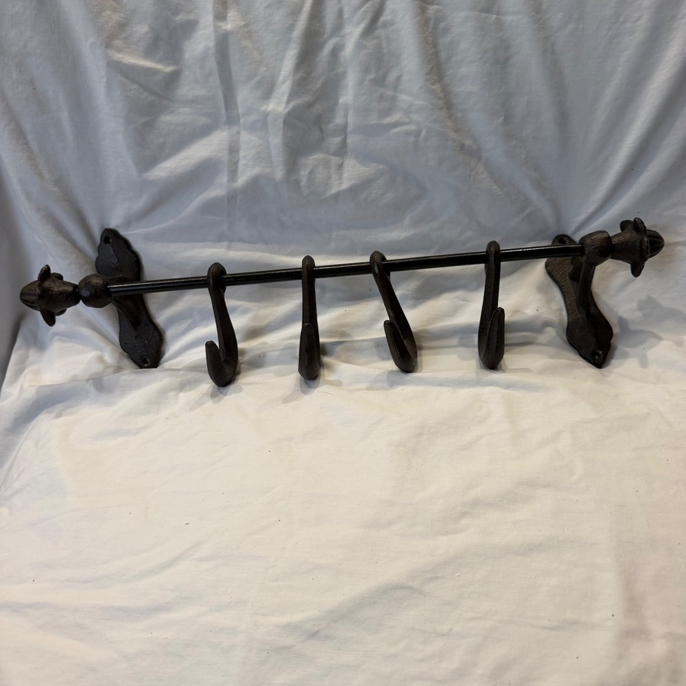 Vintage Cast Iron Wall Mount Coat Rack 5 Sliding Hooks Rustic Brown 20 Inch